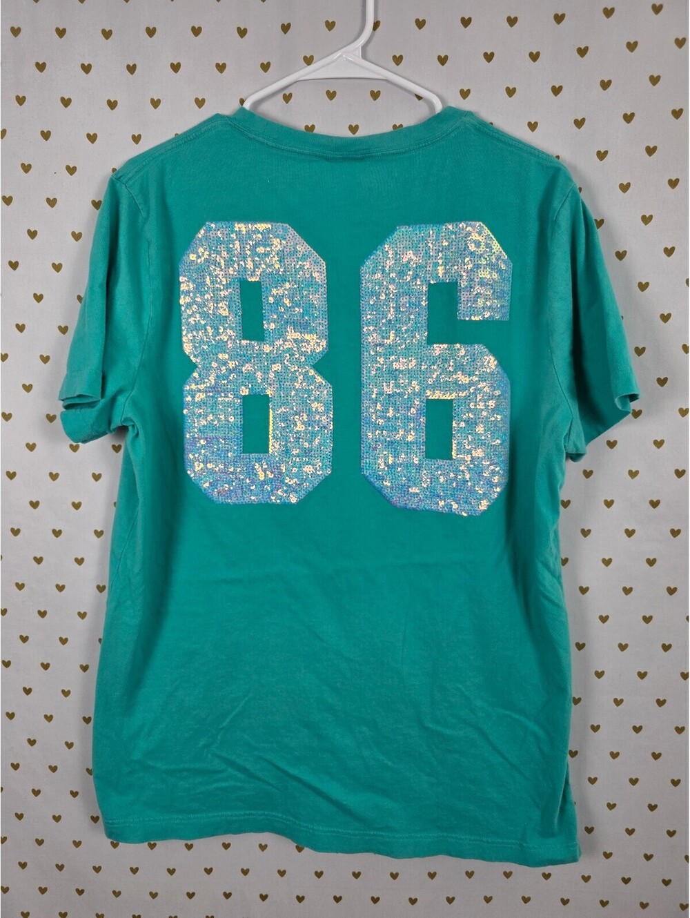 Victorias Secret PINK teal Mermaid Bling Tee shirt 86 Pocket Short Sleeve Large